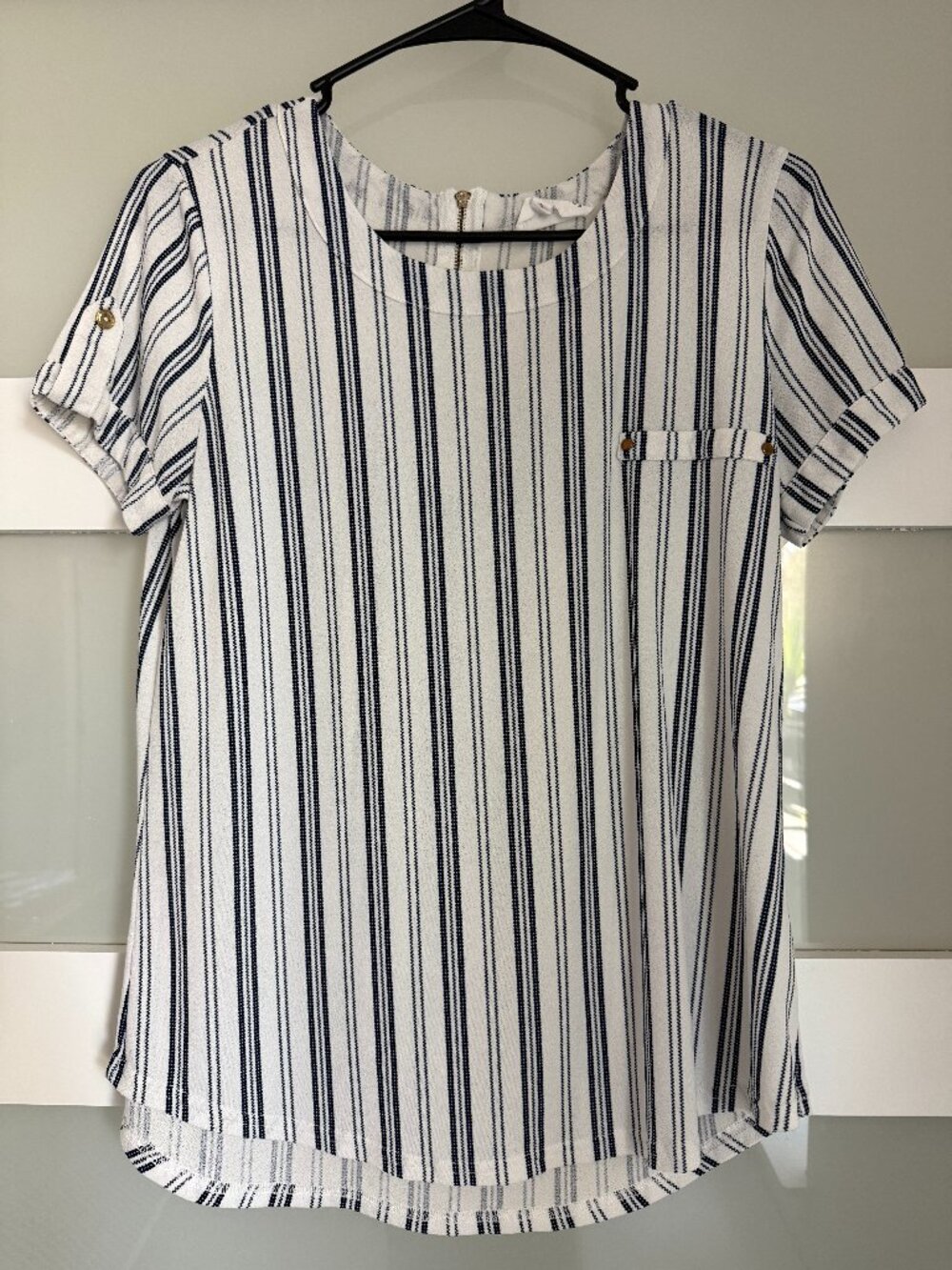 The Workshop White Navy Stripe Short Sleeve Blouse Pocket Rolled Cuff